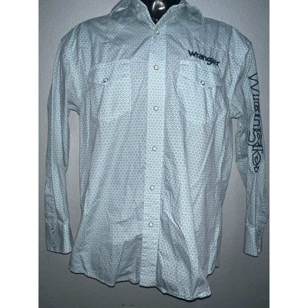 Wrangler Mens S Western Shirt Small Snap Button Logo Sleeve Cowboy Rodeo Geo